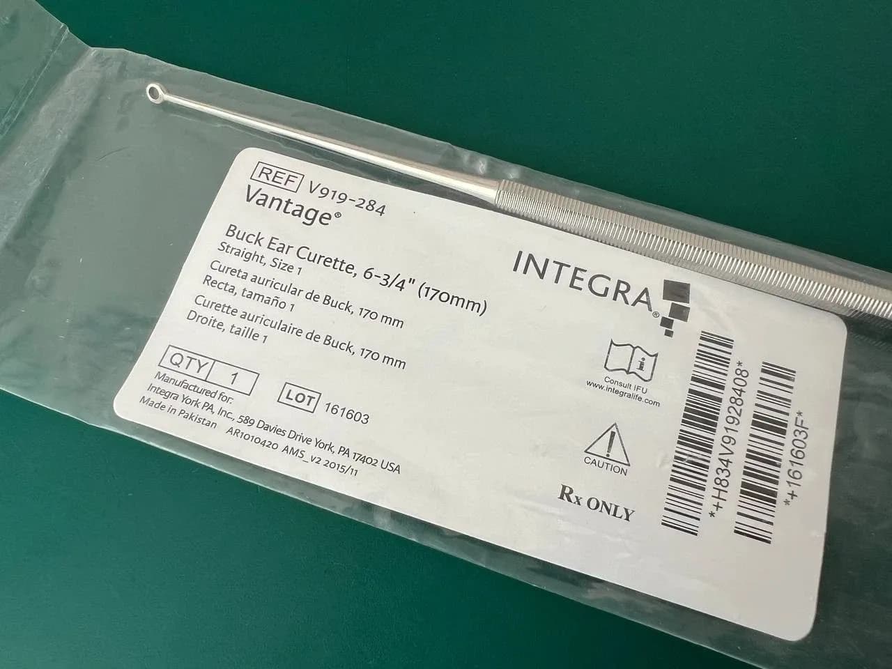 Vantage V919-284 Buck Ear Curette Size 1 6-3/4'' (170 mm) Straight