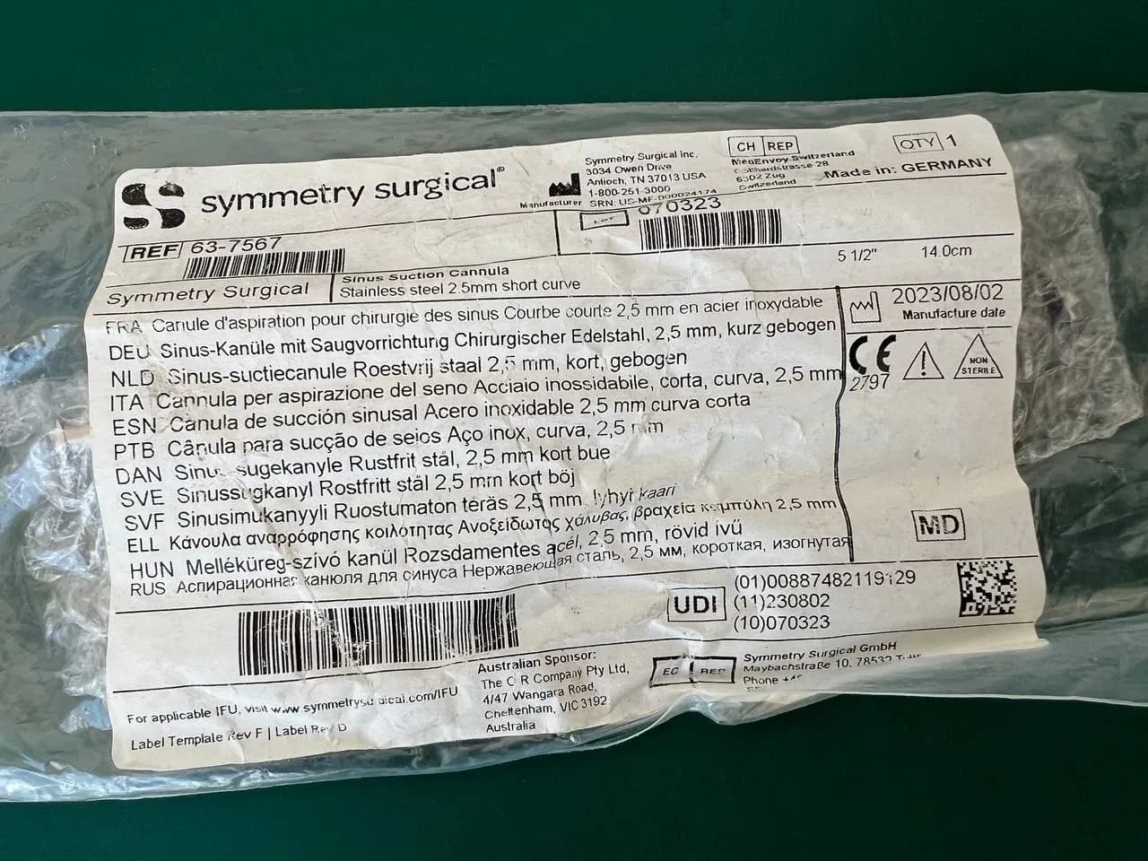 Symmetry 63-7567 Sinus Suction Cannula, 2.5mm, Short Curve