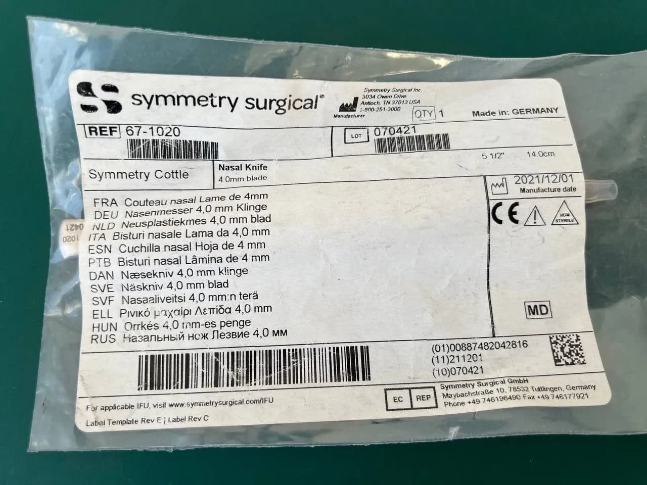 Symmetry 67-1020 Cottle Nasal Knife Straight 4mm Blade X 5-1/4" Length ENT