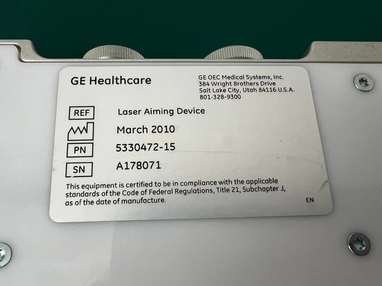 GE Healthcare OEC 12" Laser Aimer for C-Arm 5330472-15, laser aiming device